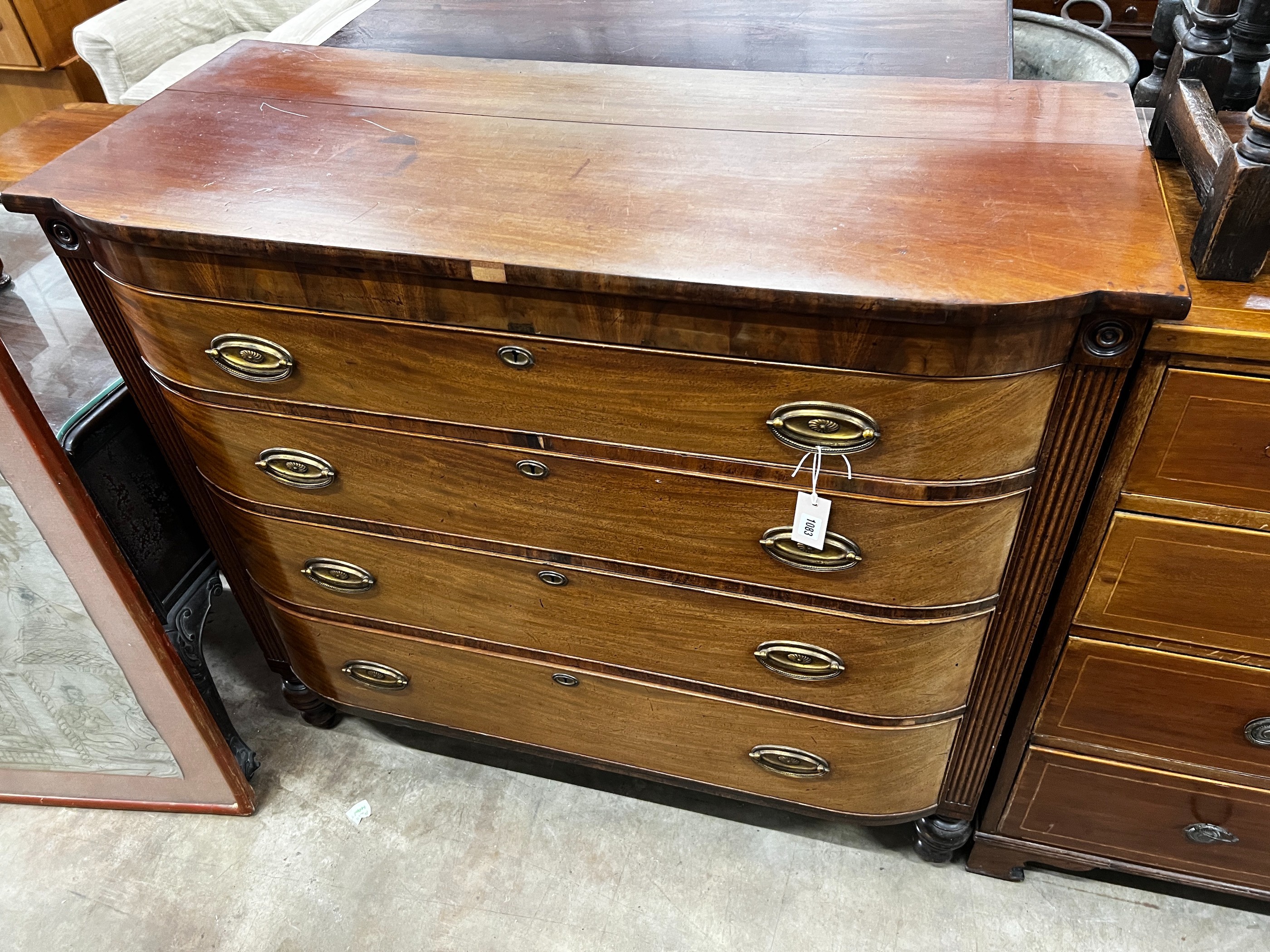 A Regency mahogany bow fronted chest of drawers, width 122cm, depth 53cm, height 109cm